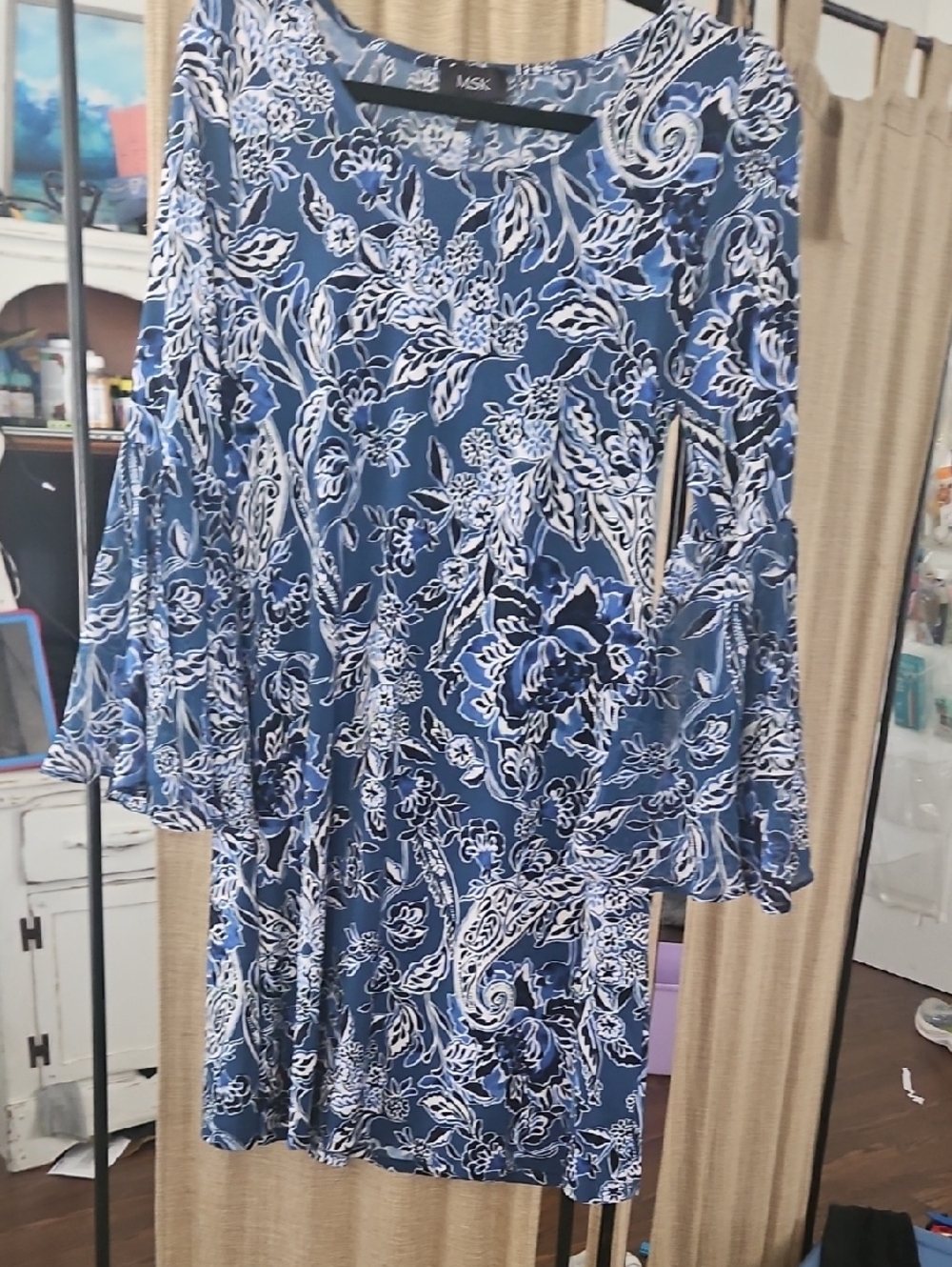 MSK Navy and White Floral Bell-Sleeve Dress